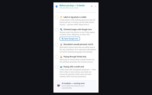 Vinted Scam Shield :: Your friendly shopping assistant — spots fake vintage, Shein resellers, and scams before you buy.