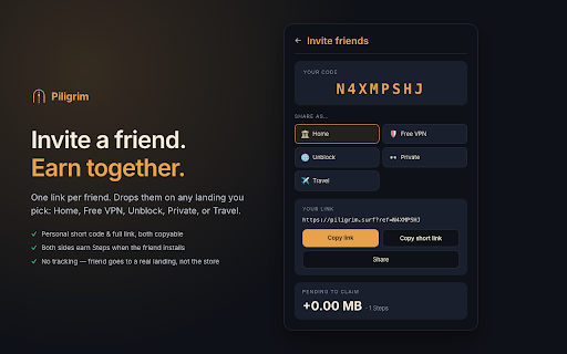 Pilgrim — Free Gamified VPN :: For the modern wanderer. The open web is your road; Pilgrim is your cloak. Earn megabytes in Sanctums across 20+ countries.
