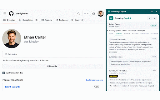 Sourcing Copilot :: Score LinkedIn & GitHub profiles against your ICP. Weighted scoring, outreach drafting & company analysis. All inside your browser.