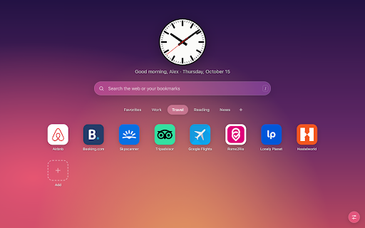 Cadran — Speed Dial for your bookmarks :: A Safari / Vivaldi-style New Tab page: your bookmark folders as icon grids, with a customizable wallpaper.