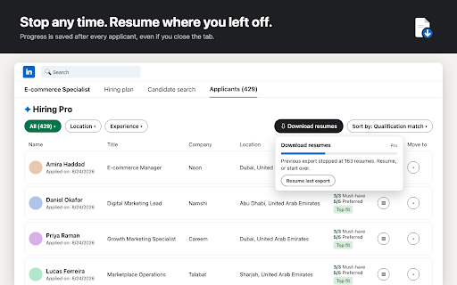 Resume Downloader for LinkedIn Hiring :: Download all applicant resumes from a LinkedIn job post in one click — as PDFs or a ZIP with a CSV index. Bulk resume export.