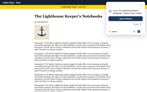 Harbor Web Clipper :: Save articles, full pages, bookmarks, and screenshots from any website straight into Harbor.