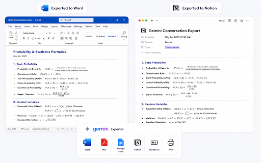 Chat Exporter for Gemini — Word, PDF, Google Docs, Notion, Markdown & Print :: Save Gemini chats as Word, PDF, Google Docs, Notion, Markdown or Print in one click. Export full conversations or selected messages.