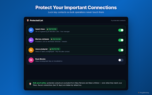 Connection Remover Pro for LinkedIn - Bulk Remove & Unfollow :: Clean up your LinkedIn network. Bulk remove connections, mass unfollow to declutter your feed. Filter by title, company, date.