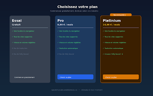 SpeakMySubs :: Reads subtitles aloud from any video. Natural voices, auto-translation. Free browser voices + Polly Neural on Platinum plan.