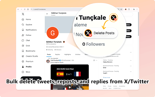Delete X/Twitter Posts :: Bulk delete tweets, reposts, and replies from X/Twitter. Filter posts, clean your profile, and protect your privacy.