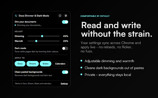 Docs Dimmer by URLflows :: Dark mode for Google Docs, Sheets & Slides. Dim the bright page to ease eye strain and strip dark backgrounds from AI pastes.