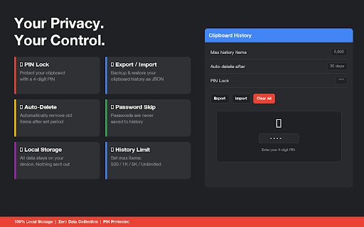 Clipboard History - Free Manager :: Free clipboard manager. Unlimited history, search, pin, tags, text snippets, side panel, PIN lock, export/import. No subscription.