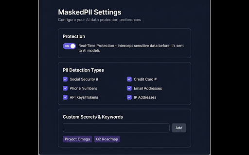 MaskedPII – AI Data Leak Prevention :: Real-time PII firewall for ChatGPT, Claude, and Gemini. Blocks sensitive data before it reaches any AI model.