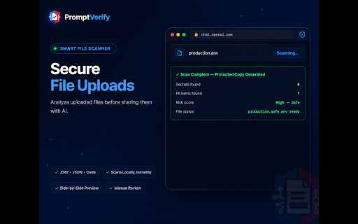 PromptVerify – Verify Sensitive Data Before You Send :: Automatically verify prompts and files for API keys, passwords, tokens, and other sensitive data before they reach AI. 100% local.