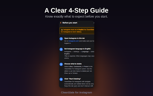 CleanSlate for Instagram :: Bulk delete your Instagram likes, comments and posts in minutes. Free plan included. One-time Pro upgrade.