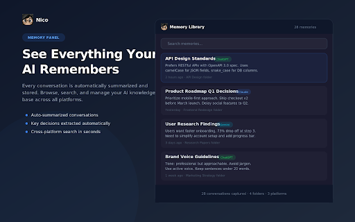 Nico — AI Memory & Prompt Enhancement :: Chat folders and context across major AI platforms (ChatGPT, Claude, Gemini, DeepSeek, Perplexity) and one-click prompt enhancement.