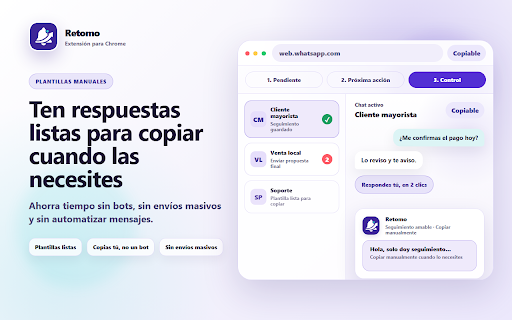 Retomo – Seguimiento de clientes en WhatsApp Web :: Seguimiento de clientes en WhatsApp Web: recordatorios, notas, etiquetas y plantillas para que no se te caiga ningún pendiente.