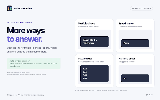 Kahoot AI Solver - Smart Assistant :: AI answer suggestions for Kahoot quizzes. Choose Gemini, OpenAI or a compatible API, and use three keyboard shortcuts.