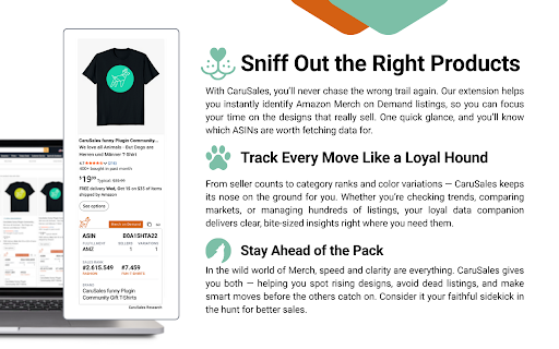 CaruSales Research :: Sniff out ASIN, BSR, size & more right on Amazon search! All key data fetched instantly while you browse products.