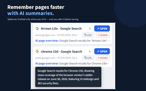 Arrows Lite — Save & Resume Work with AI :: Save unfinished work, organize your browser, and resume where you left off with AI.