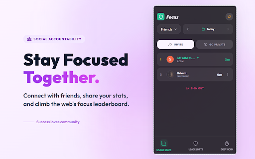 Focus: Usage stats, usage limits, study timer :: A Chrome sidepanel extension for browser focus and productivity. Track site usage, set daily limits, and enter deep work sessions.