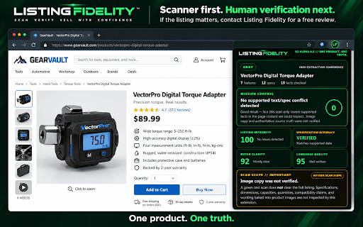 Listing Fidelity Scanner :: Checks product listings for factual conflicts and flags image copy and source-truth verification as unverified.