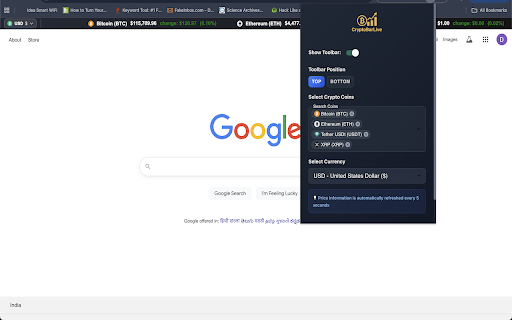 CryptoBarLive - Realtime Crypto Prices Toolbar :: Track live crypto prices in your browser toolbar. Monitor Bitcoin, Ethereum, and thousands of coins with real-time updates.