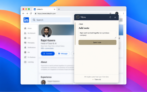 Virre AI :: Virre AI sidebar for LinkedIn — sign in, see if a profile is already a connection, and act on it.