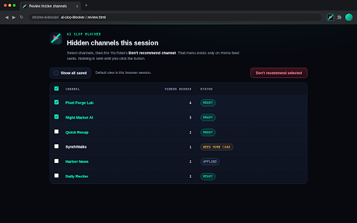 AI Slop Blocker - Hide YouTube AI Videos :: Hide AI YouTube videos from Home, Search, and Related using YouTube's own Made with AI disclosure. Free. No tracking.