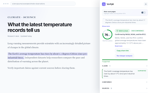 VerifyIt :: Fact-check selected factual claims on webpages using AI-assisted analysis and cited web sources.