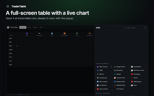 TraderTable — Stock Research Launchpad :: Your tickers × 180 research sites in one table. One click to charts, filings, insiders, options flow, news and social for any stock.