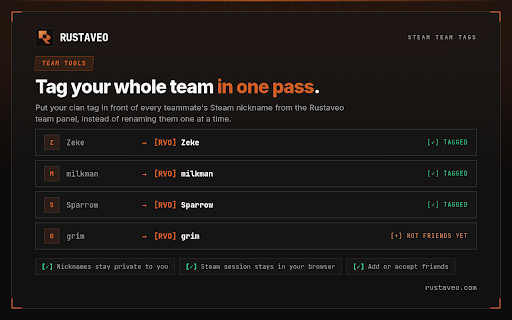 RUSTAVEO :: Link your Rust+ account to Rustaveo in one click, and bulk-tag your team's Steam friends with clan tags.