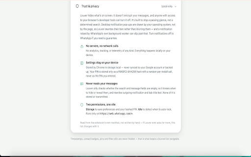 Louver — Privacy Blur for WhatsApp Web | Minimal Permissions | :: Hides your chat list and media on web messaging so a passing glance reveals nothing.