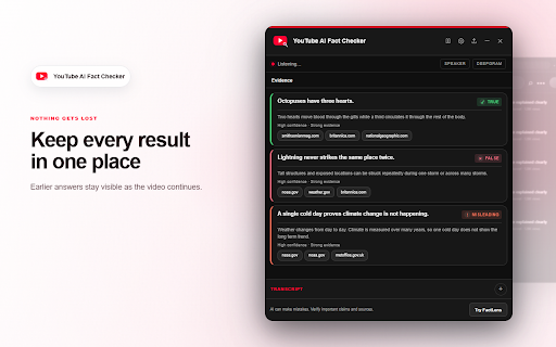 YouTube Lens - AI Fact Checker :: Fact check YouTube videos as you watch with AI transcription, live web evidence, clear verdicts, timestamps, and source links.