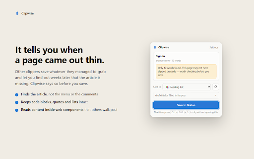 Clipwise — Notion Web Clipper: Save & Clip Articles to Notion :: Save any article or web page to your Notion database in one click. Free, no login, no account — keeps the whole article intact.