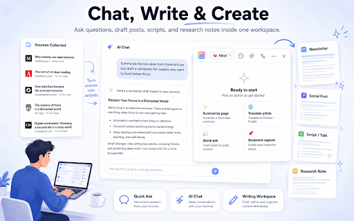 WebToMind - AI 总结、网页采集、视频转文稿与创作助手 :: 面向内容创作者与知识工作者的一站式 AI 浏览器插件,覆盖采集、总结、翻译、对话创作与工作台沉淀。