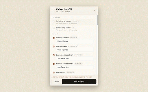 Vidhya Autofill :: Fill university application forms on any portal with your saved Vidhya profile. You review every field — it never submits for you.
