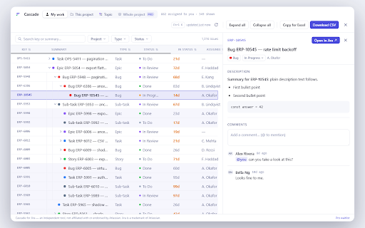 Cascade for Jira :: See your Jira work as a tree, triage what changed, and export with the hierarchy intact. No admin install needed.