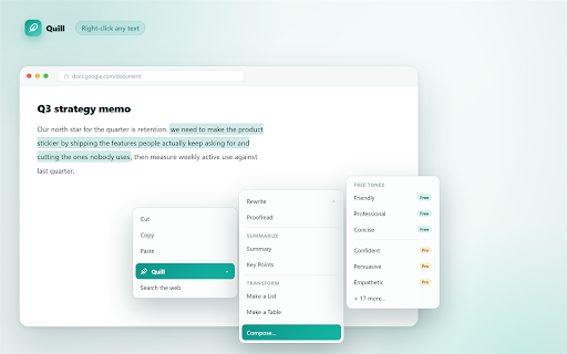 Quill by Tapdot - On-Device AI Writing Tools :: Apple-style writing tools for Chrome. Rewrite, proofread, summarize, and transform text on any page — privately, on-device.