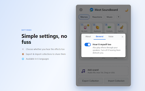 Meet Soundboard :: Add a soundboard to your Google Meet calls with custom audio clips and sound effects.