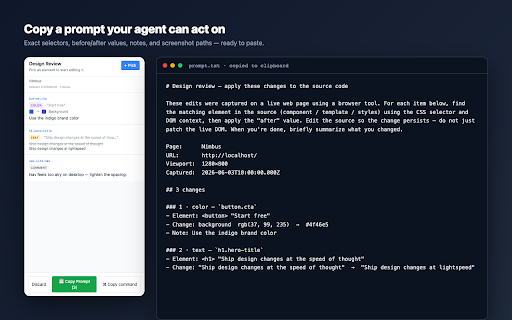 Design Review :: Capture structured design feedback on any page and copy it as a ready-to-paste prompt for AI agents like Claude Code.
