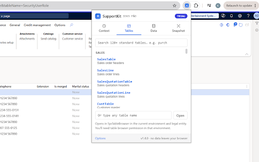 SupportKit for D365 F&O :: The support toolkit for Dynamics 365 F&O. One-click ticket context capture, environment guardian, table browser and OData shortcuts.