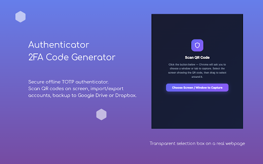 Authenticator – 2FA Code Generator :: Secure offline TOTP authenticator. Scan QR codes on screen, import/export accounts, backup to Google Drive or Dropbox.
