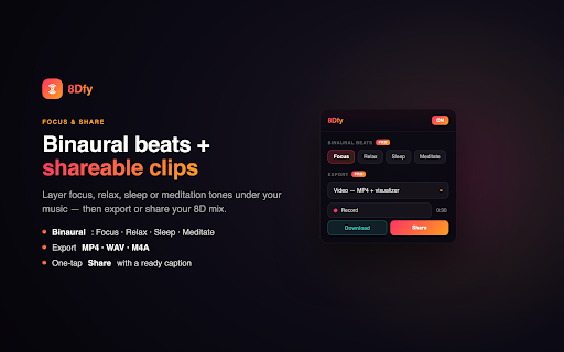 8D Audio & Spatial Sound — 8Dfy :: 8D audio, spatial surround & HRTF 3D for YouTube. Free presets, bass boost, binaural beats & shareable clips.
