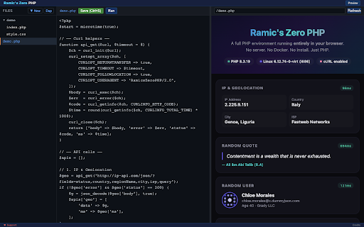 Ramic's Zero PHP :: PHP development environment in the browser with v86 VM and CORS-free proxy