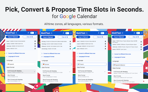 Slot2Text - for Google Calendar: Pick, Convert & Propose Time Slots :: Keep scheduling human. Propose time slots from Google Calendar — clean, personal, no links. Includes time formatting & conversion.