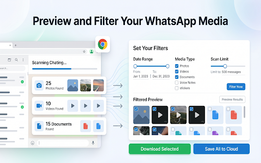 WA Media Downloader & Exporter :: Save photos, videos, voice messages, documents & stickers from WhatsApp. Export media in bulk as ZIP. Filter by date and file type.