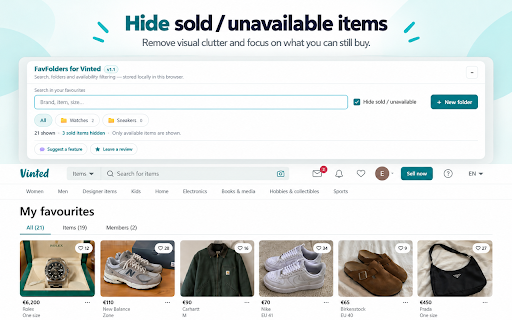 FavFolders for Vinted :: Organize Vinted favourites with live search, local folders, and sold-item filtering. Unofficial and local-only.