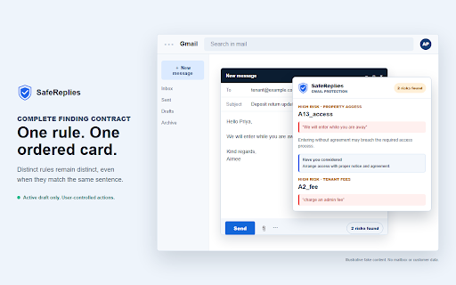 SafeReplies :: Pre-send compliance checks for active Gmail and Outlook drafts.