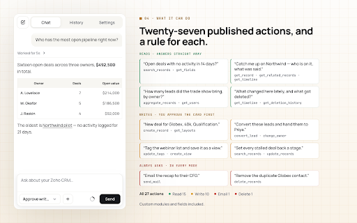 Zoho CRM AI Assistant :: Search, create, and update Zoho CRM records from a permission-gated AI side panel.