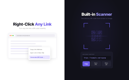 QuickQR — QR Code Generator & Scanner :: Generate QR codes with logos & patterns, scan codes, right-click any link to create a QR. Free & offline.