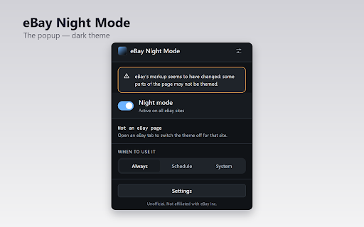 eBay Night Mode :: A careful dark theme for eBay: dark chrome, untouched product photos, readable prices. Unofficial.
