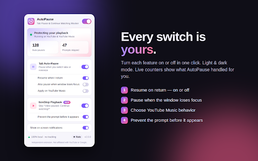 AutoPause for YouTube: Pause on Tab Switch & Skip Continue Watching :: Pause YouTube when you switch tabs, auto-resume on return, and auto-skip "Video paused. Continue watching?" Private, no tracking.