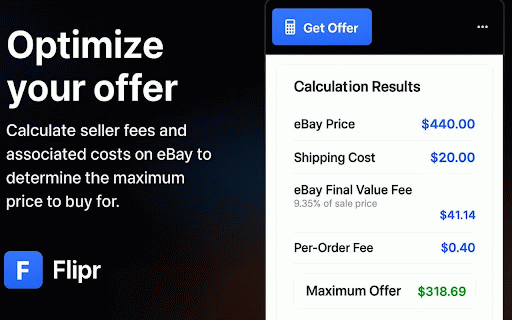 Flipr - eBay Reselling Profit Calculator :: Facebook Marketplace to eBay profit calculator. Calculate eBay fees, profit margins, and create competitive offers for reselling.